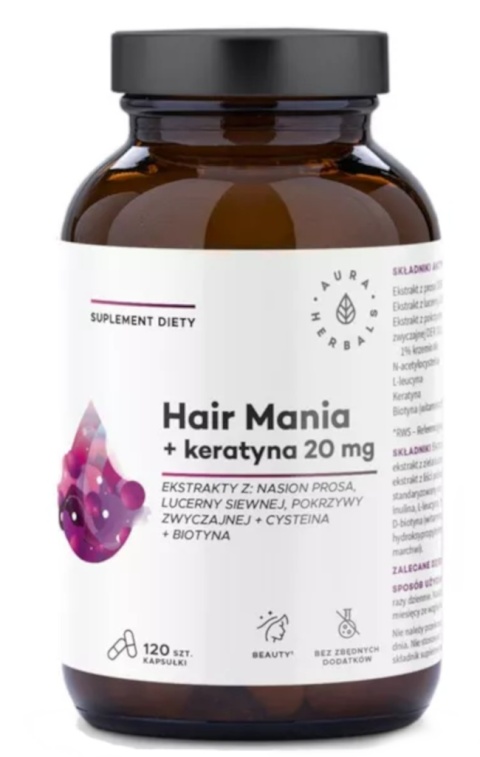 Aura Herbals Hair Mania + keratyna 20 mg 120 kapsułek Aura Herbals Hair Mania + keratyna 20 mg 120 kapsułek