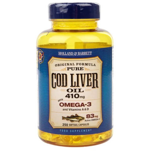 Holland & Barrett Cod Liver Oil olej z wątroby dorsza 410 mg 250 kapsułek miękkich Holland & Barrett Cod Liver Oil olej z wątroby dorsza 410 mg 250 kapsułek miękkich