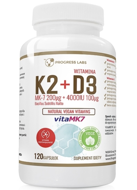 Progress Labs Wegańska K2 MK-7+ D3 4000IU+ L-leucyna 120 kapsułek Progress Labs Wegańska K2 MK-7+ D3 4000IU+ L-leucyna 120 kapsułek