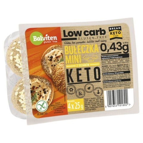 Balviten Bułeczki Mini z Sezamem KETO Bezglutenowe (4 x 25 g) 100 g Balviten Bułeczki Mini z Sezamem KETO Bezglutenowe (4 x 25 g) 100 g
