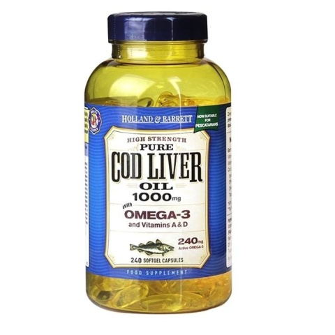 Holland & Barrett Cod Liver Oil 1000mg 240 kapsułek miękkich olej z wątroby dorsza Holland & Barrett Cod Liver Oil 1000mg 240 kapsułek miękkich olej z wątroby dorsza