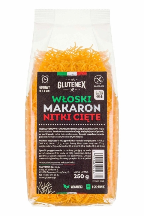 Glutenex Makaron (Kukurydziany) Nitki Cięte Bezglutenowy 250 g Glutenex Makaron (Kukurydziany) Nitki Cięte Bezglutenowy 250 g
