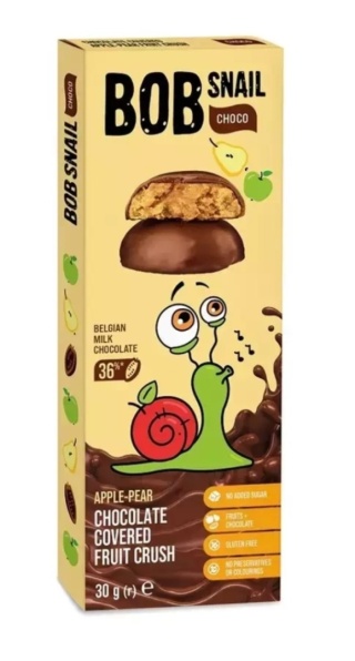 BOB SNAIL Przekąska jabłko gruszka w mlecznej belgijskiej czekoladzie 30 g