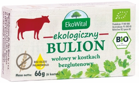 EKOWITAL Bulion wołowy w kostkach bez oleju palmowego bezglutenowy BIO 66 g EKOWITAL Bulion wołowy w kostkach bez oleju palmowego bezglutenowy BIO 66 g