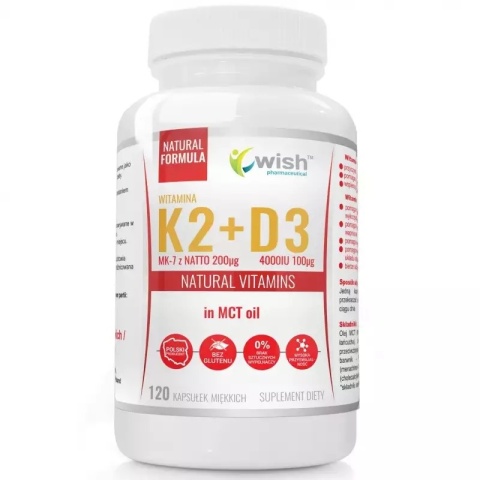 Wish Witamina K2MK-7 200µg + D3 100µg 4000IU w oleju MCT 120 kapsułek Wish Witamina K2MK-7 200µg + D3 100µg 4000IU w oleju MCT 120 kapsułek