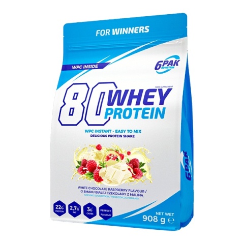 6PAK 80 Whey Protein 908g o smaku białej czekolady z malinami 6PAK 80 Whey Protein 908g o smaku białej czekolady z malinami