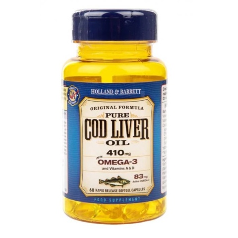Holland & Barrett Cod Liver Oil 410mg 60 kapsułek miękkich olej z wątroby dorsza Holland & Barrett Cod Liver Oil 410mg 60 kapsułek miękkich olej z wątroby dorsza