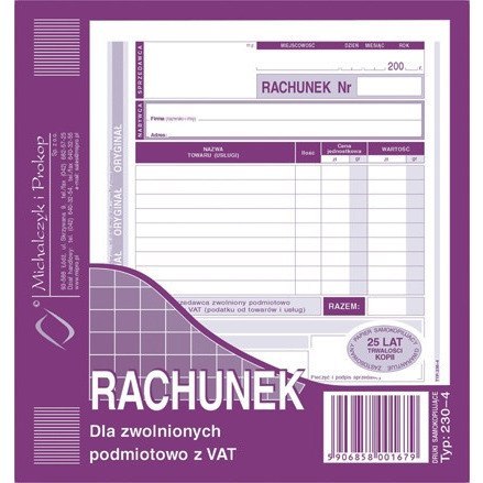RACHUNEK DLA ZWOLNIONYCH Z VAT 2/3 A5 (O+1K) Michalczyk i Prokop RACHUNEK DLA ZWOLNIONYCH Z VAT 2/3 A5 (O+1K) Michalczyk i Prokop