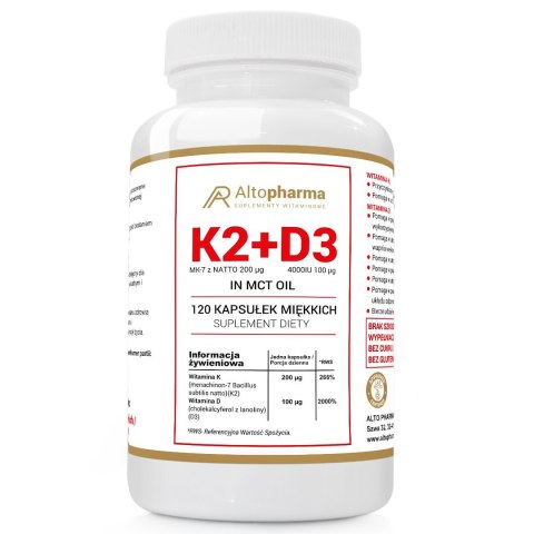 Altopharma Witamina K2MK7 200µg + D3 100µg 4000IU w oleju MCT 120 kapsułek Altopharma Witamina K2MK7 200µg + D3 100µg 4000IU w oleju MCT 120 kapsułek
