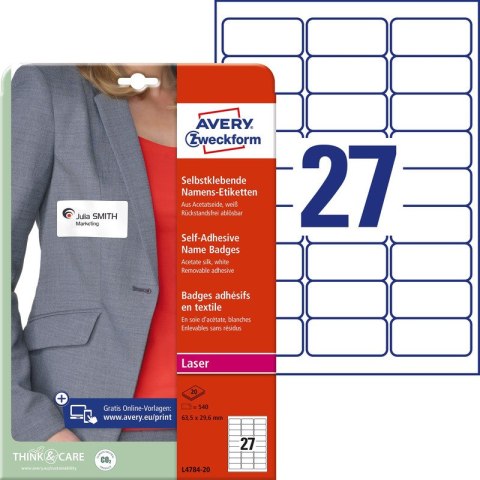 IDENTYFIKATORY SAMOPRZYLEPNE AVERY A4 63.5x29.6mm BIAŁE (27x20) Avery Zweckform