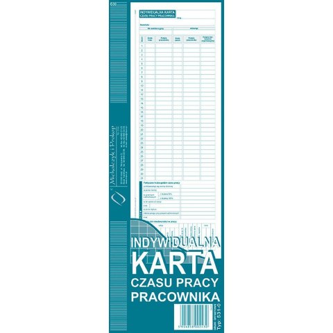 INDYWIDUALNA KARTA CZASU PRACY PRACOWNIKA 1/2 A4 (OFFSET) Michalczyk i Prokop